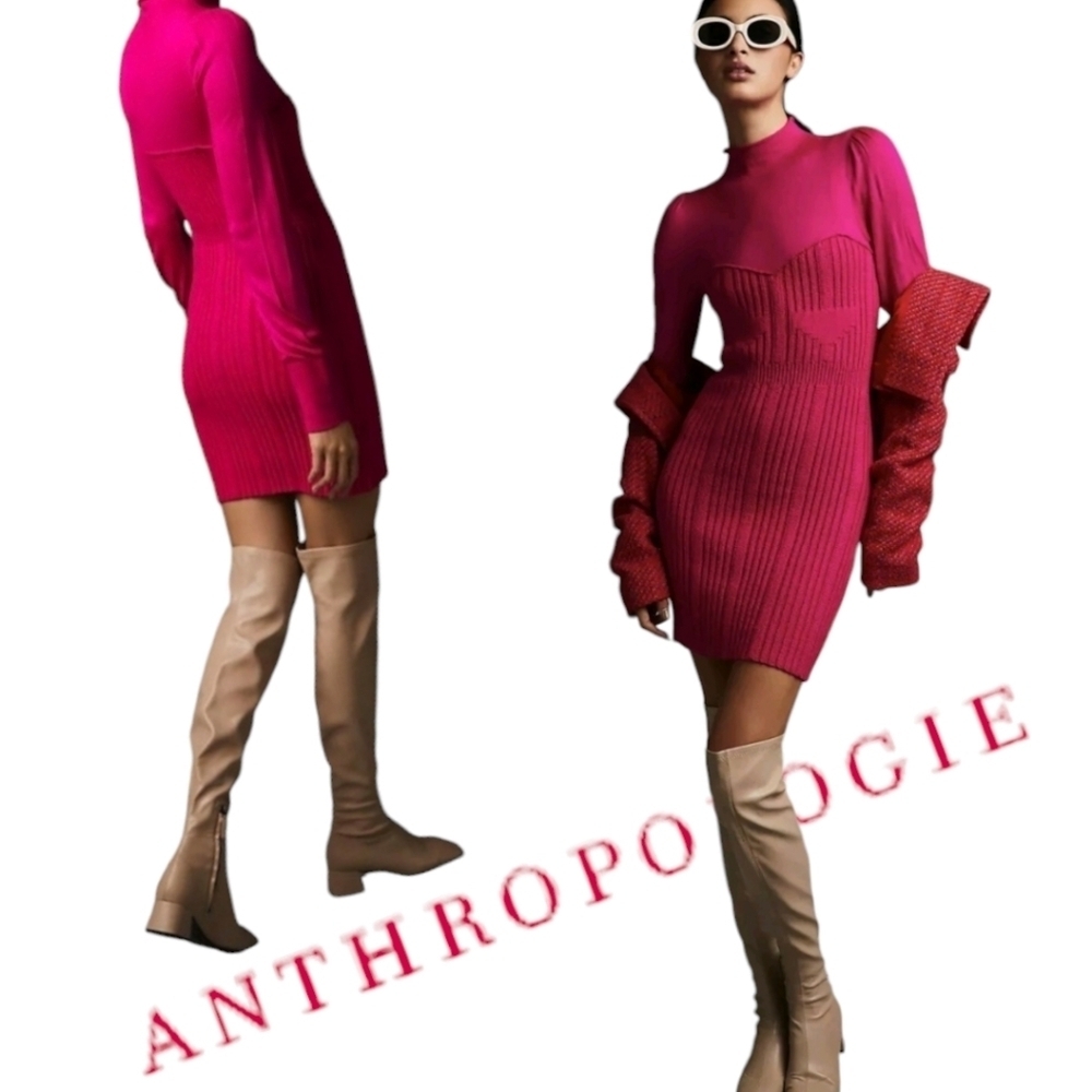 Anthropologie Turtleneck Sweater Dress Lightweight Rose Pullover Bodycon NWT SM - Picture 16 of 16